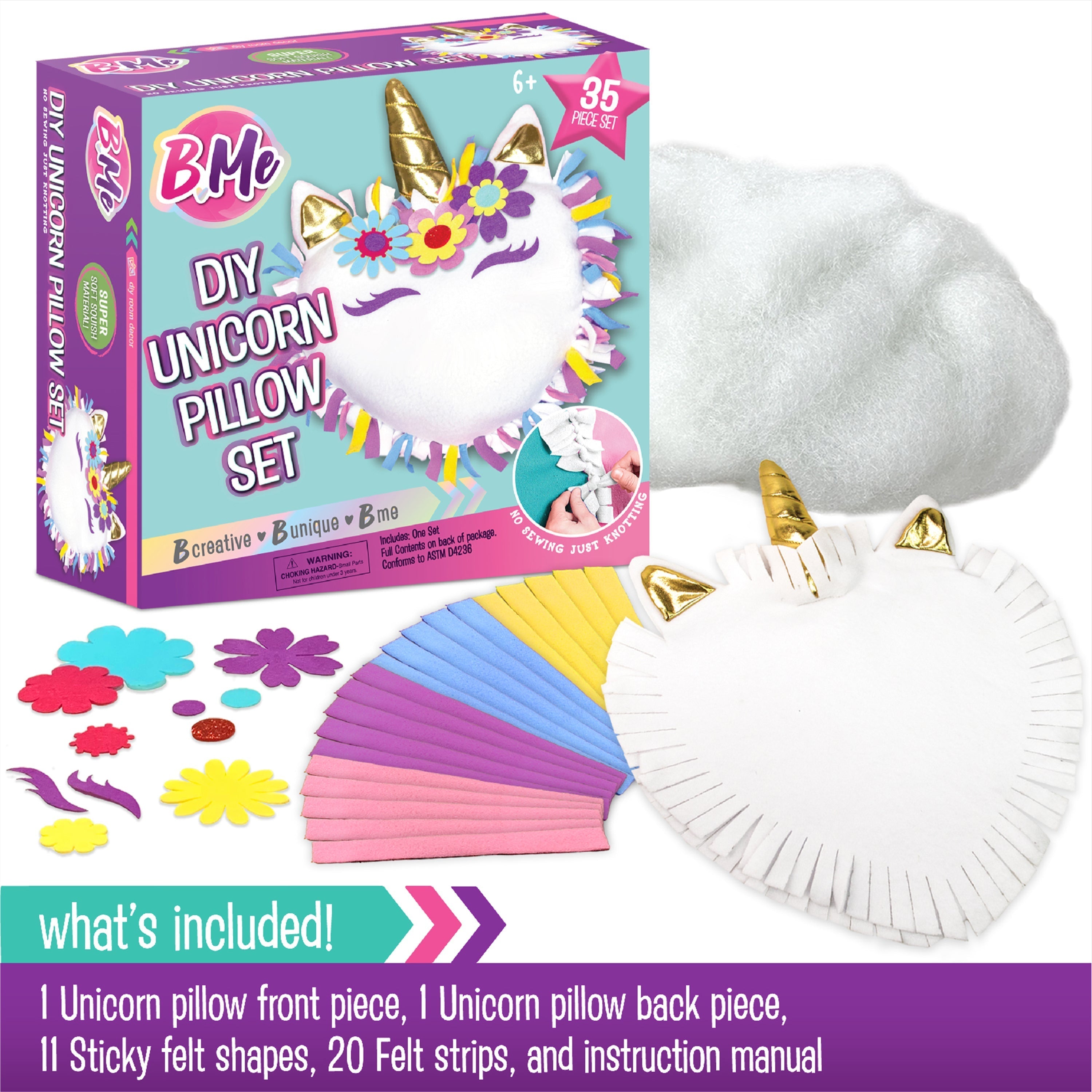 B Me DIY Unicorn Pillow Kit for Girls - No Sew Unicorn Throw Pillow - BM-DIYUNIPILL-61427