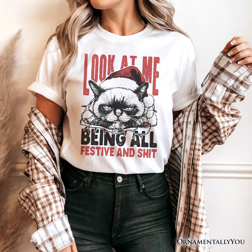 Grumpy Christmas Cat T‑Shirt, Funny Santa Hat Holiday Lights Tee for Sarcastic Festive People