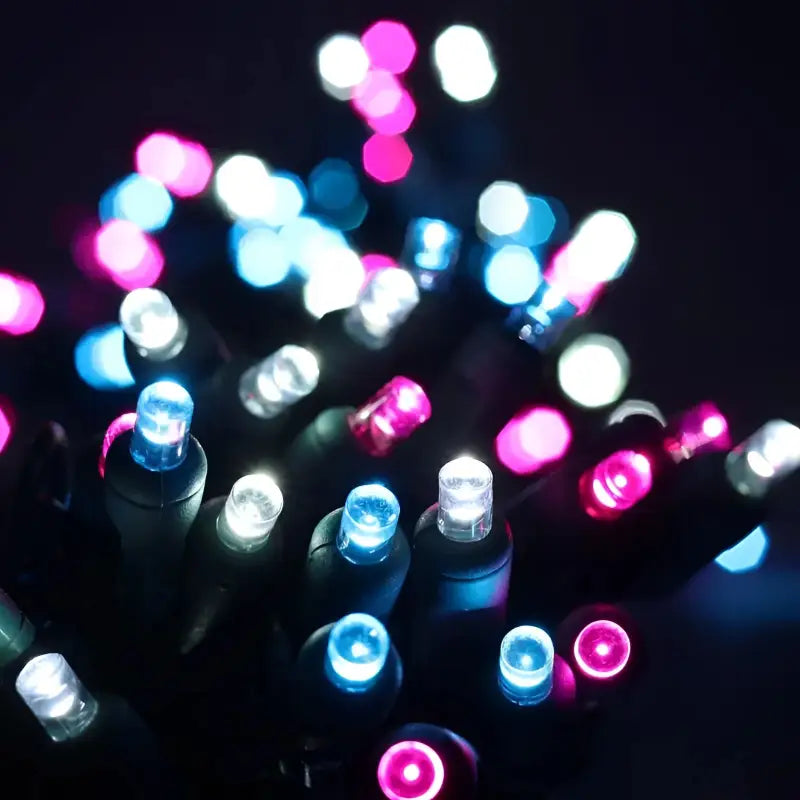 50 5mm ColorSplash Cotton Candy Pink, Cool White, Teal LED Christmas Lights, 6" Spacing