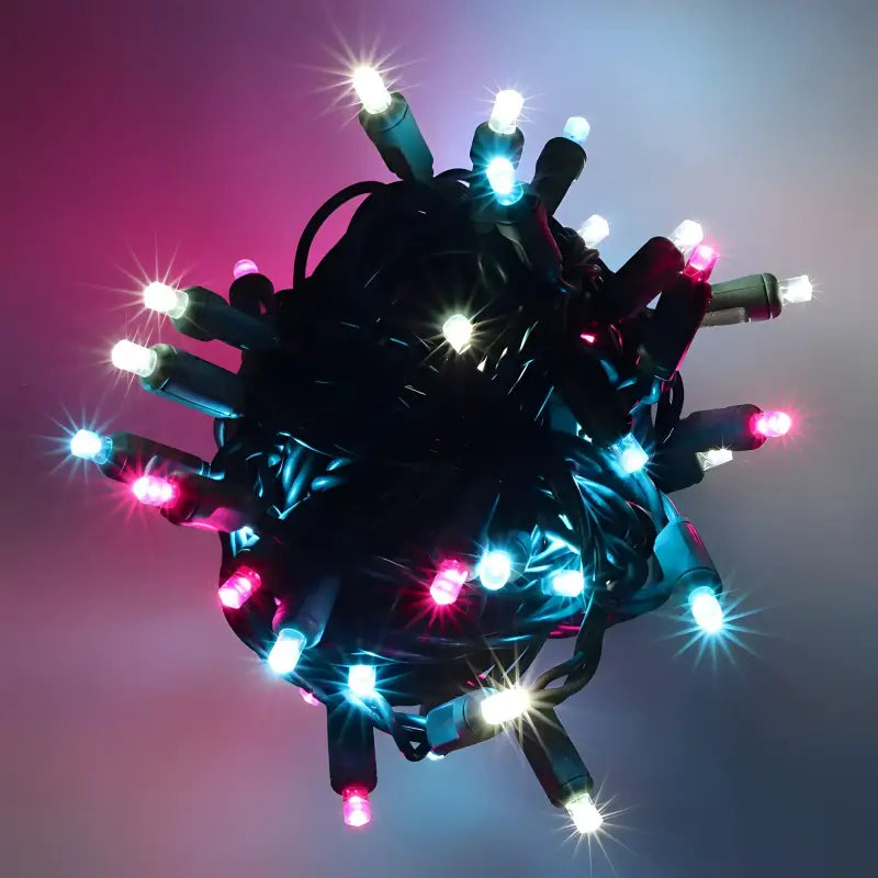 50 5mm ColorSplash Cotton Candy Pink, Cool White, Teal LED Christmas Lights, 6" Spacing
