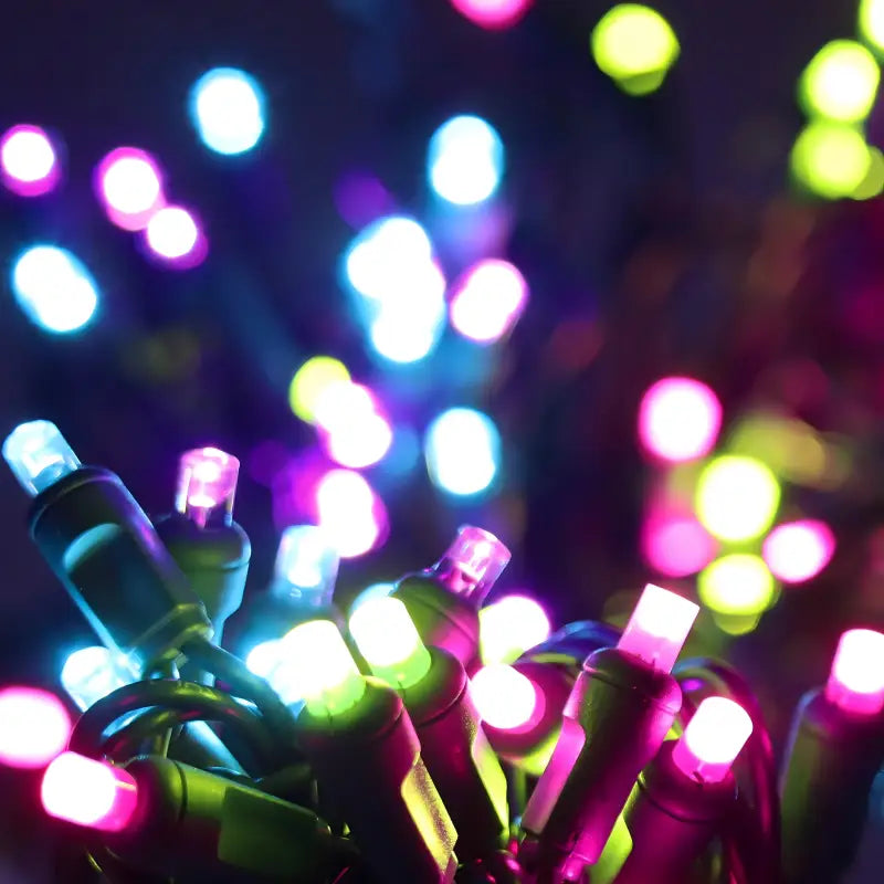 50 5mm ColorSplash Gingerbread Pink,Teal, Lime Green, Purple LED Christmas Lights, 6" Spacing
