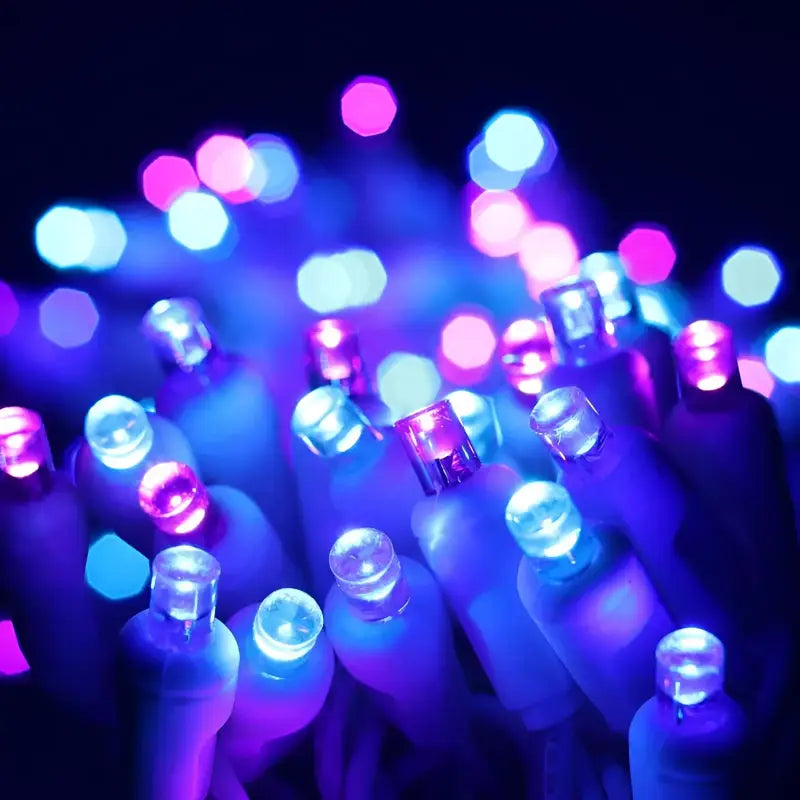 50 5mm ColorSplash Stardust Blue, Purple, Teal LED Christmas Lights, 6" Spacing, White Wire