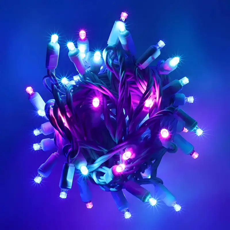 50 5mm ColorSplash Stardust Blue, Purple, Teal LED Christmas Lights, 6" Spacing, White Wire