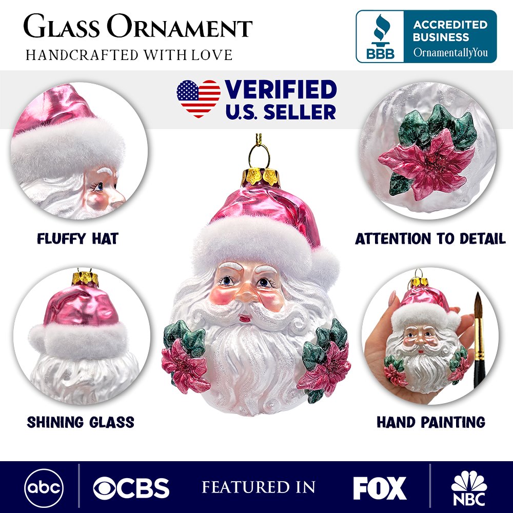 Enchanting Pink Santa Head Glass Ornament, Vintage Christmas Tree Decor