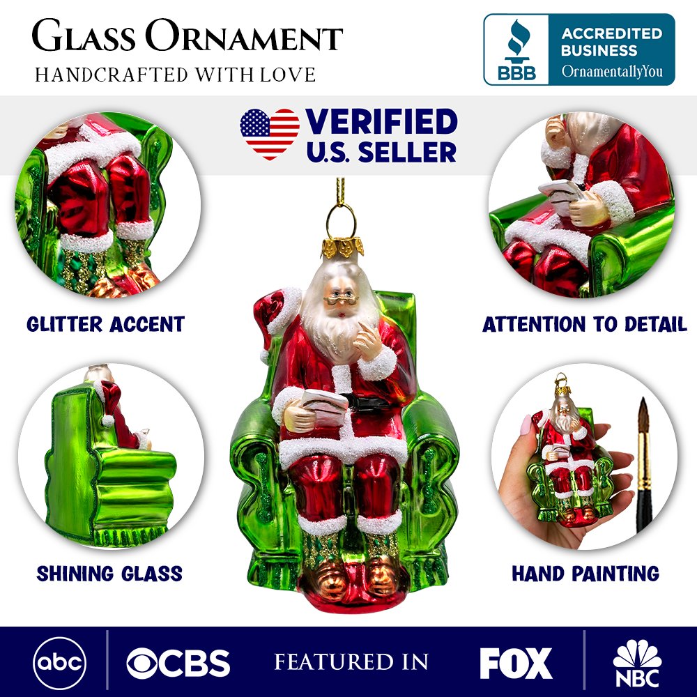 (Pre-Order) Old World Style Santa in a Green Chair Glass Ornament, Vintage Christmas Tree Decor