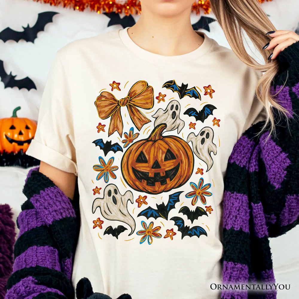 Pumpkin Ghosts Coquette Bow T-Shirt, Retro Fall Spooky Tee for Cute Trick-or-Treaters