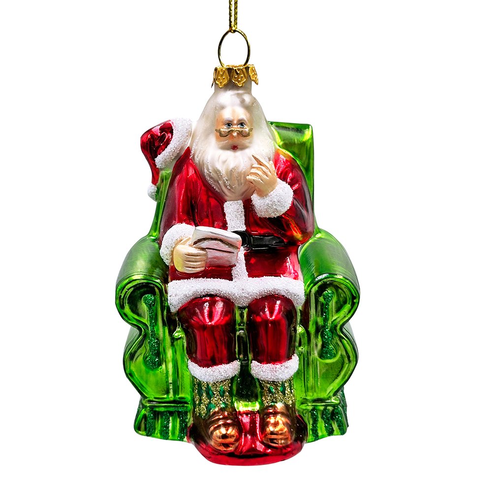 (Pre-Order) Old World Style Santa in a Green Chair Glass Ornament, Vintage Christmas Tree Decor