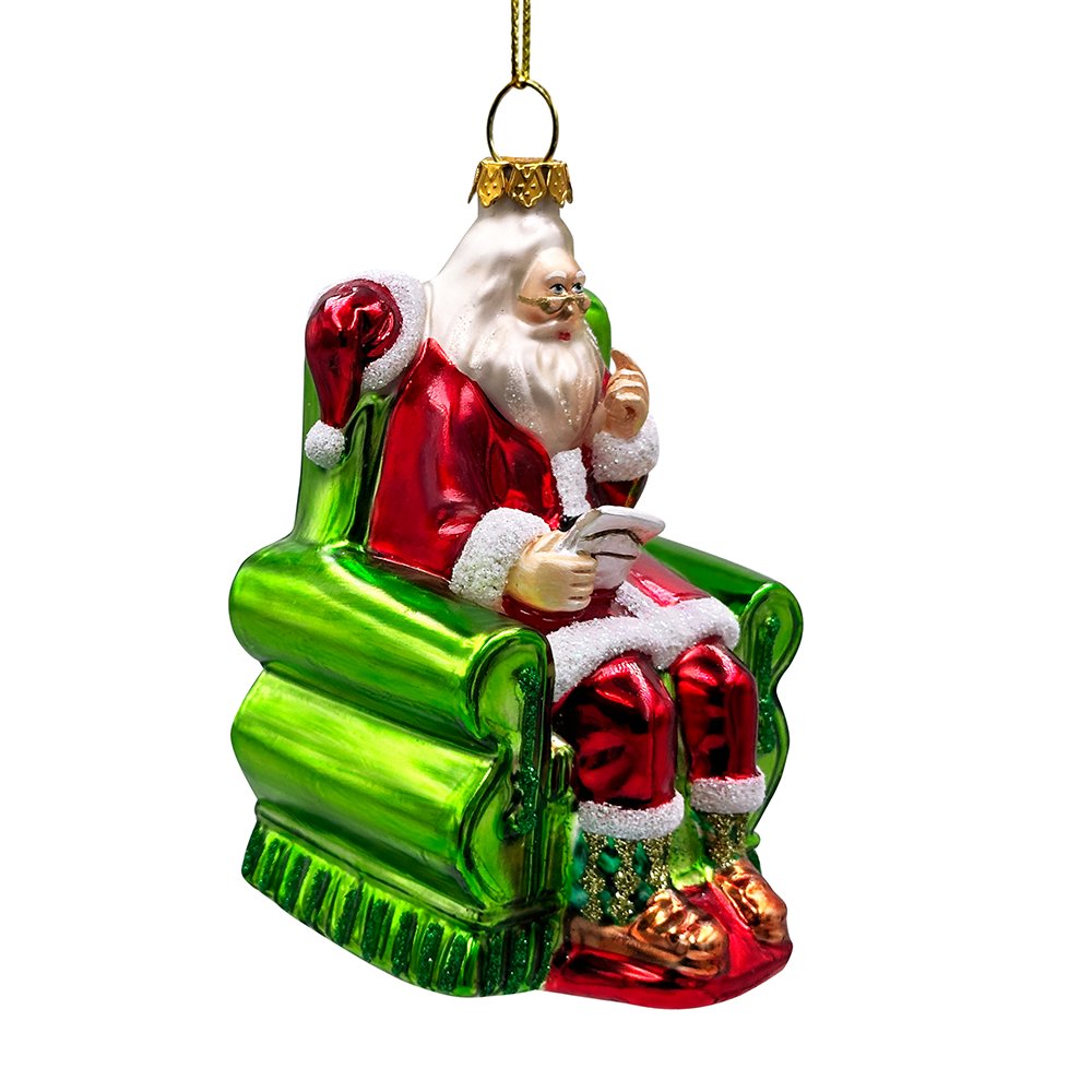 (Pre-Order) Old World Style Santa in a Green Chair Glass Ornament, Vintage Christmas Tree Decor