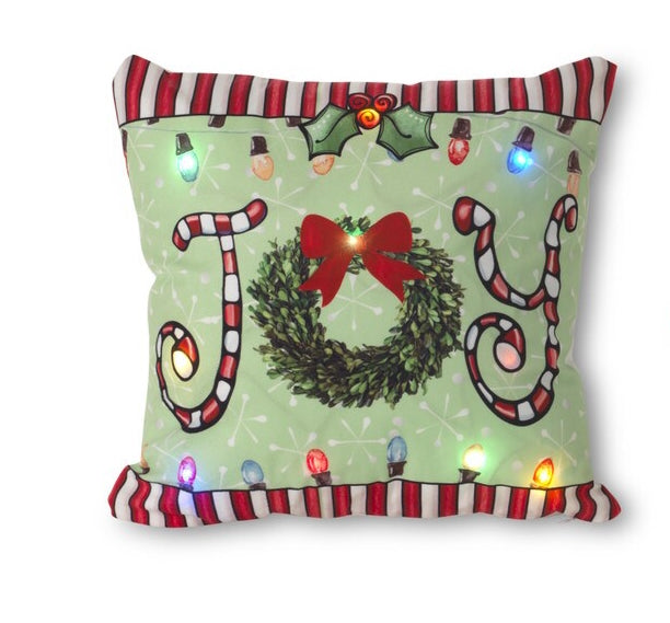 Wreath Lighted Holiday "JOY" Design Pillow
