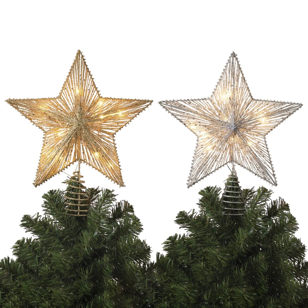Electric Lighted Glitter & Mesh Star Tree Topper with 10 Lights, Spring Base
