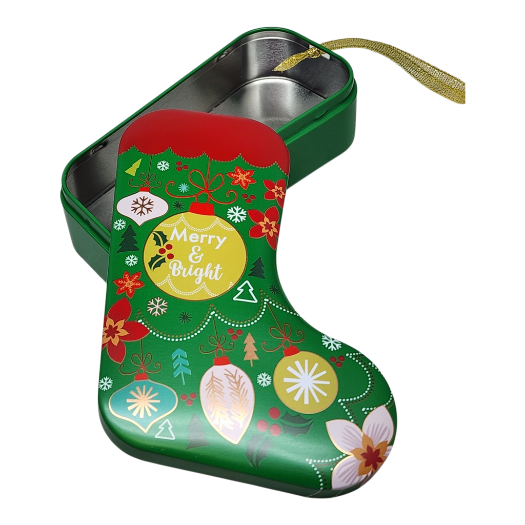 Christmas Stocking Cookie Tin Ornament - Merry & Bright