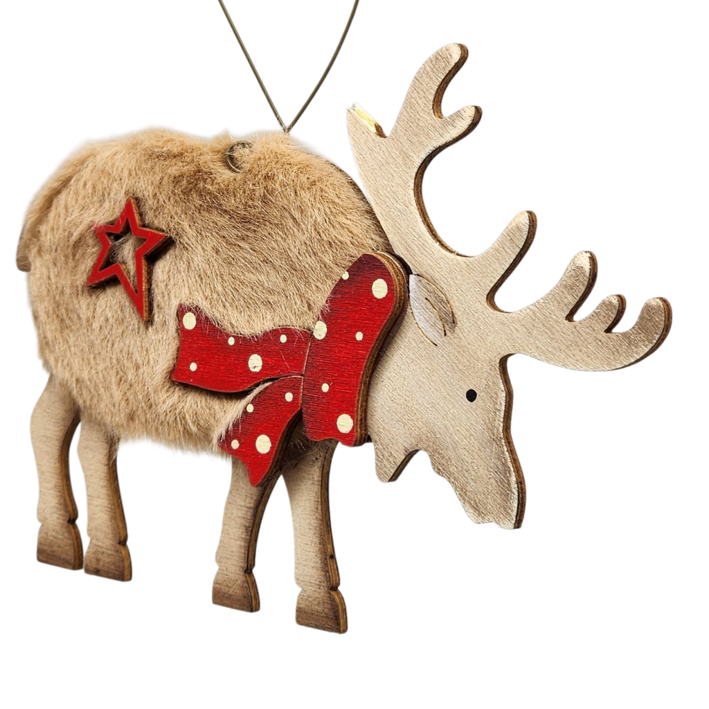 Fuzzy Wooden Reindeer Ornament - Looking Right