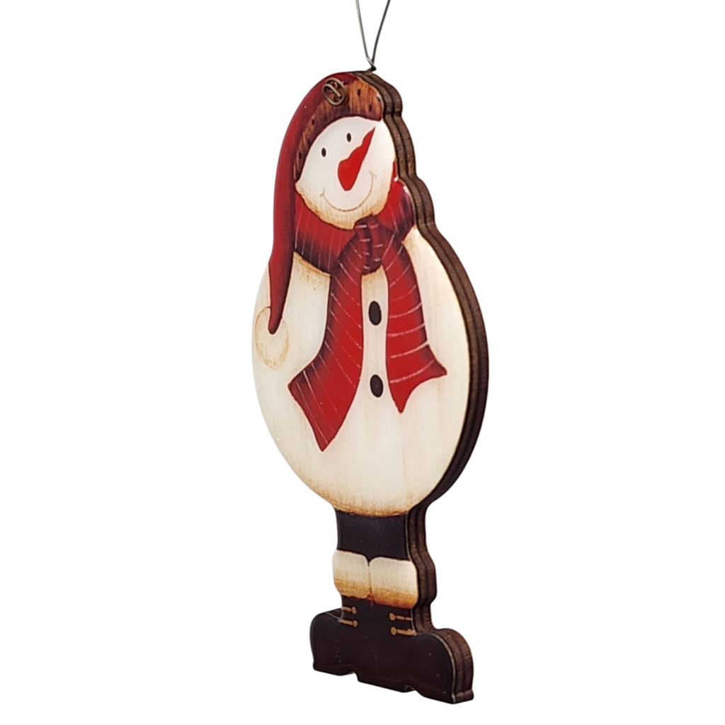 Glossy Wooden Snowman Ornament - 5 Inches