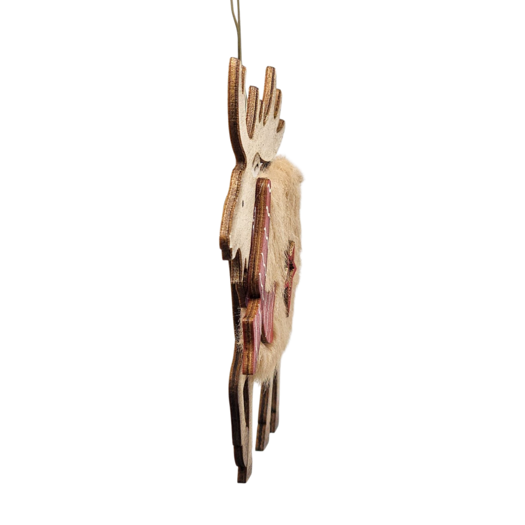 Fuzzy Wooden Reindeer Ornament - Looking Left
