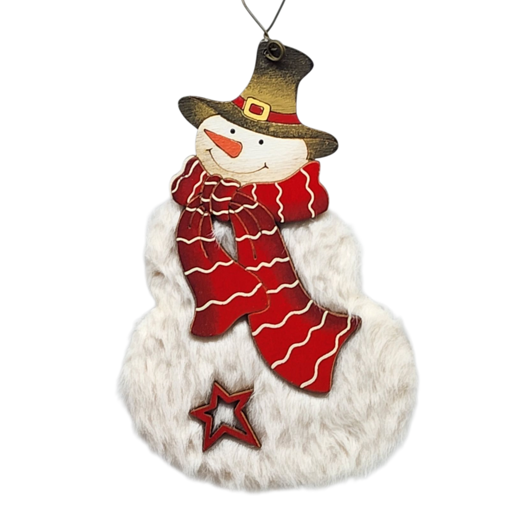 Fuzzy Wooden Snowman Ornament - 5 Inches